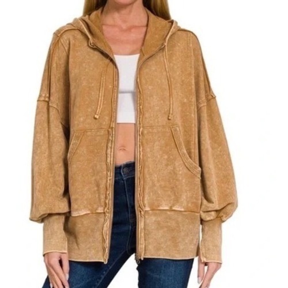 ZENANA NWOT‎ Acid Washed Full Zip Hoodie Jacket L /XL Camel Oversized